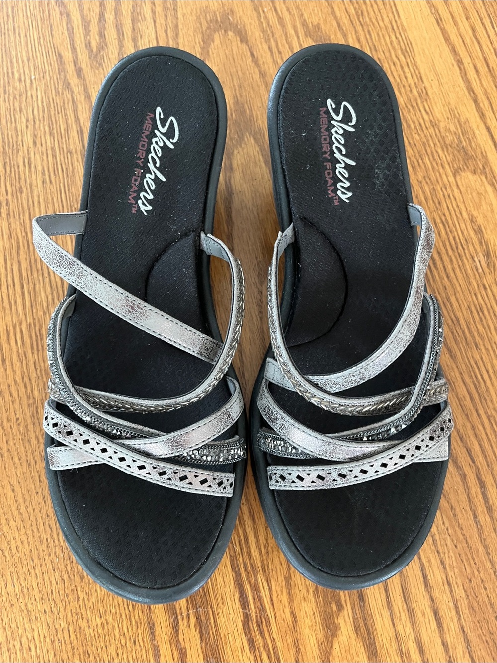 Skechers Women's Metallic Silver Multi-Strap Slide Sandals